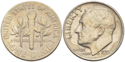 США 10 ЦЕНТОВ = ДАЙМ 1975 РУЗВЕЛЬТ KM 195а медь плакированная медно-никелем 211-1266