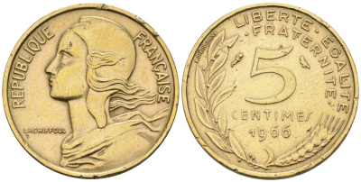 Франция 5 сантимов  1966 тип Марианна KM 933 никель алюминий медь 4115-249