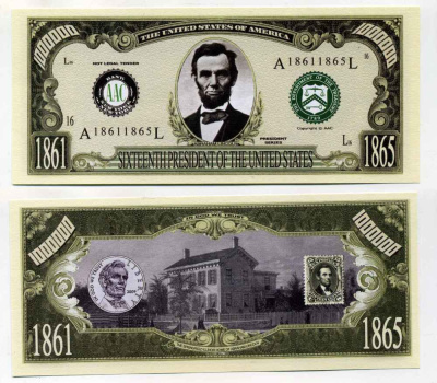 США 1000000 ДОЛЛАРОВ ND СУВЕНИРНАЯ БАНКНОТА, АБРАМ ЛИНКОЛЬН, 16 ПРЕЗИДЕНТ СОЕДИНЕННЫХ ШТАТОВ (1861-1865) бумага UNC (ПРЕСС) 8588-72-1-1