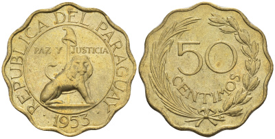 Парагвай 50 сентимо 1953 лев, фригийский колпак на шесте KM 28 алюминиевая бронза  aUNC  4177-733
