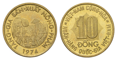 Южный Вьетнам 10 донгов 1974 год-тип KM 13 сталь плакированная латунью UNC 4675-1114