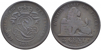 БЕЛЬГИЯ 2 САНТИМА 1871 BELGES KM 35.1 медь 4448-632