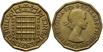 Великобритания 3 пенса 1963 Елизавета II (1952-2022) KM 900, Spink 4153 никель латунь 4393-357