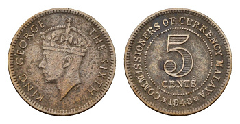 Малайя 5 центов 1948 Георг VI (1936-1952) KM 7 медно-никель 4679-714