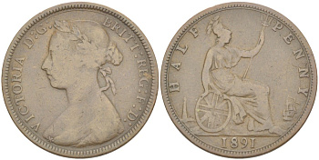 Великобритания 1/2 пенни 1891 Виктория (1837-1901) KM 754, Spink 3956 бронза 4543-1233