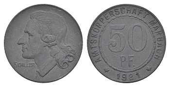 Марбах 50 пфеннигов 1921 Фридрих Шиллер Funck 316.3, Men05 16251.3, Men18 20385.3 цинк 4584-926
