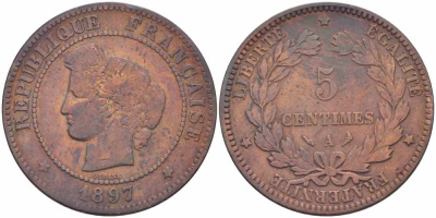 ФРАНЦИЯ 5 САНТИМОВ 1897 А, ТРЕТЬЯ РЕСПУБЛИКА (1871-1940) KM 821.1, LE FRANC 118.41 бронза 108-654