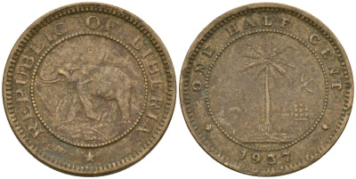 Либерия 1/2 цента 1937 KM 10 латунь 4174-357