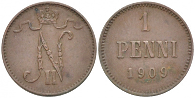 Россия для Финляндии 1 пенни 1909 Николай II (1894-1917) KM 13, Биткин 470 медь 4396-1321