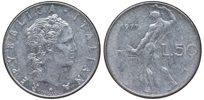 Италия 50 лир 1977 R, бог Вулкан у наковальни KM 95.1 нержавеющая сталь 4142-1142