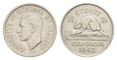 Канада 5 центов 1942 Георг VI (1936-1952), бобр KM 33 никель 4639-424