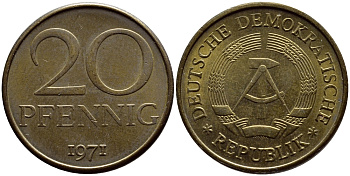 ГДР 20 пфеннигов 1971 А KM 11 латунь UNC 54-1424