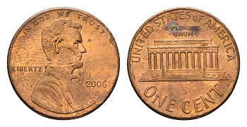 США 1 цент 2006 D, Линкольн KM 201b цинк плакированный медью UNC 188-957