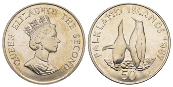 Фолклендские острова 50 пенсов 1987 Королевские пингвины KM 25 медно-никель BU 4184-231