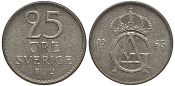 Швеция 25 эре 1963 U, Густав VI Адольф (1950-1973) KM 836 медно-никель 112-917