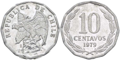 Чили 10 сентаво 1979 KM 205a алюминий 4402-425