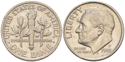 США 10 ЦЕНТОВ = 1 ДАЙМ 1989 P, РУЗВЕЛЬТ KM 195a медь плакированная медно-никелем 187-1063