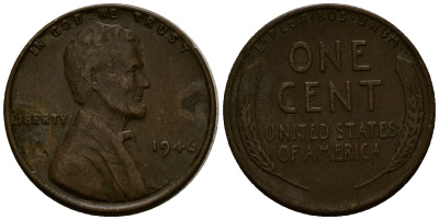 США 1 цент 1946 Линкольн KM A132 медь цинк 4164-853