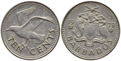 Барбадос 10 центов 1979 смеющаяся (Ацтекская) чайка KM 12 медно-никель 4396-1221