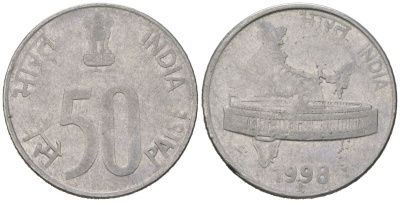 Индия 50 пайс 1998 монетный двор знак звездочка - Хайдарабад	 KM 69 нержавеющая сталь 4582-712