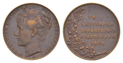 Нидерланды медаль "Коронация Вильгельмины " 1898 Коронация Вильгельмины 6 сентября 1898 года на престол Нидерландов, диаметр 23,8 мм, вес 7,14 гр медь 4044-941