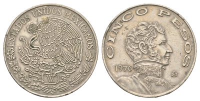 Мексика 5 песо 1976 Mo, Винсенте Герреро KM 472 медно-никель 4661-1134