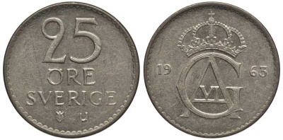 Швеция 25 эре 1963 U, Густав VI Адольф (1950-1973) KM 836 медно-никель 112-917