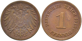 ГЕРМАНИЯ 1 ПФЕННИГ 1913 F KM 10, J. 10, Weege 2 медь 206-425