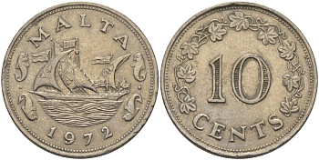 Мальта 10 центов 1972 баржа Великого магистра KM 11 медно-никель 82-414