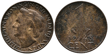 Нидерланды 1 цент 1948 Вильгельмина (1890-1948), год тип KM 175 бронза 3458-211