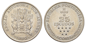 Португалия, Азорские острова 25 эскудо 1980 (1981) Автономная область Азорские острова KM 43 медно-никель UNC 4678-753