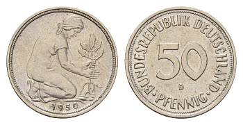 ФРГ 50 пфеннигов 1950 D KM 109, J. 384 медно-никель 4621-113