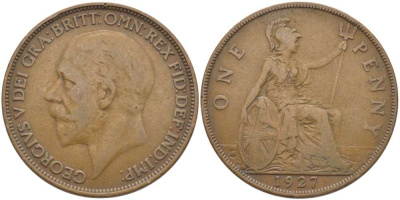 Великобритания 1 пенни 1927 Георг V (1910-1936) KM 826, Spink 4054 бронза 115-231