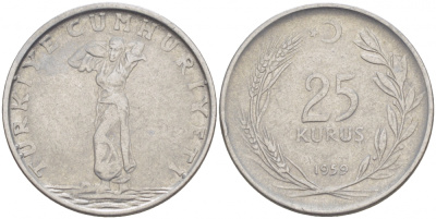 ТУРЦИЯ 25 КУРУШ 1959 ГОД ТИП KM 892.1 сталь 4529-1214