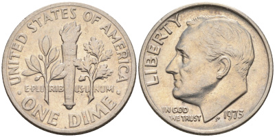 США 10 центов = 1 дайм 1973 Рузвельт KM 195а медь плакированная медно-никелем 4588-263