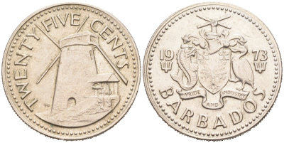 Барбадос 25 центов 1973 ветряная мельница Моргана Льюиса KM 13 медно-никель 4575-1211