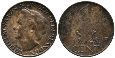 Нидерланды 1 цент 1948 Вильгельмина (1890-1948), год тип KM 175 бронза 3458-211