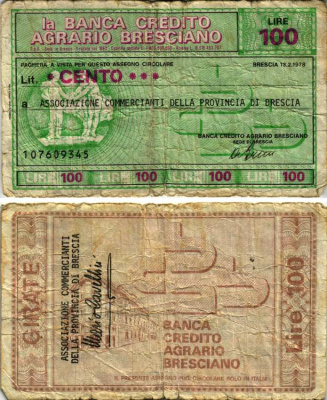 Италия 100 лир 1978 13 февраля 1978, La Banca credito agrario Brescia бумага 7222-42-3-2