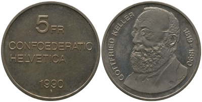 Швейцария 5 франков 1990 B, 100 лет со дня смерти Готфрида Келлера KM 69 медно-никель  BUNC  4587-621