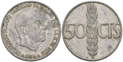 Испания 50 сентимо 1966 (68) Франсиско Франко (1939-1975) KM 795 алюминий 4388-651