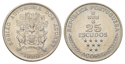 Португалия, Азорские острова 25 эскудо 1980 (1981) Автономная область Азорские острова KM 43 медно-никель UNC 4678-753