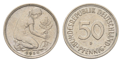 ФРГ 50 пфеннигов 1950 D KM 109, J. 384 медно-никель 4621-113