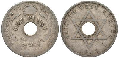Британская Западная Африка 1 пенни 1943 Георг VI KM 19 медно-никель 25-2137