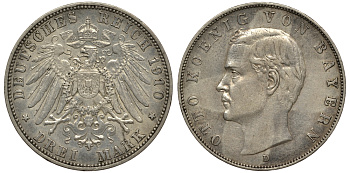 Бавария 3 марки 1910 Отто (1886-1913) Weege 45, J. 47, KM 515 серебро 413-5634