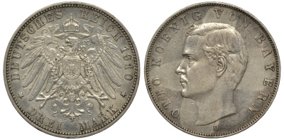 Бавария 3 марки 1910 Отто (1886-1913) Weege 45, J. 47, KM 515 серебро 413-5634