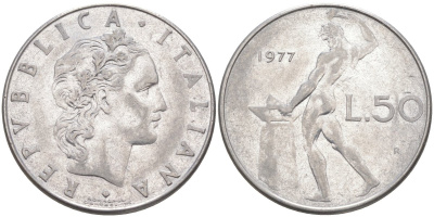 Италия 50 лир 1977 R, Бог огня Вулкан у наковальни KM 95.1 нержавеющая сталь 4525-947