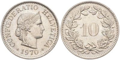 Швейцария 10 раппенов 1970 KM 27 медно-никель 55-426