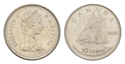 Канада 10 центов 1980 Елизавета II (1952-2022), парусник KM 77 никель 4639-642