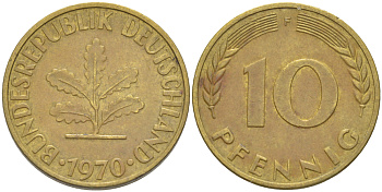 ФРГ 10 ПФЕННИГОВ 1970 F KM 108, J. 383 сталь плакированная латунью 4182-815