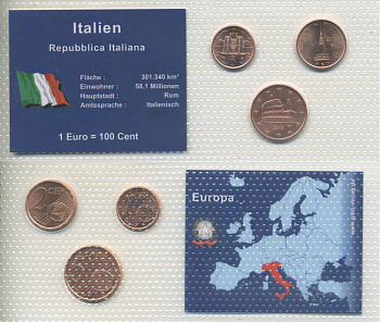 Италия набор из 3 монет 2010 1, 2, 5 евроцентов, в запайке    UNC  1-5-2-48